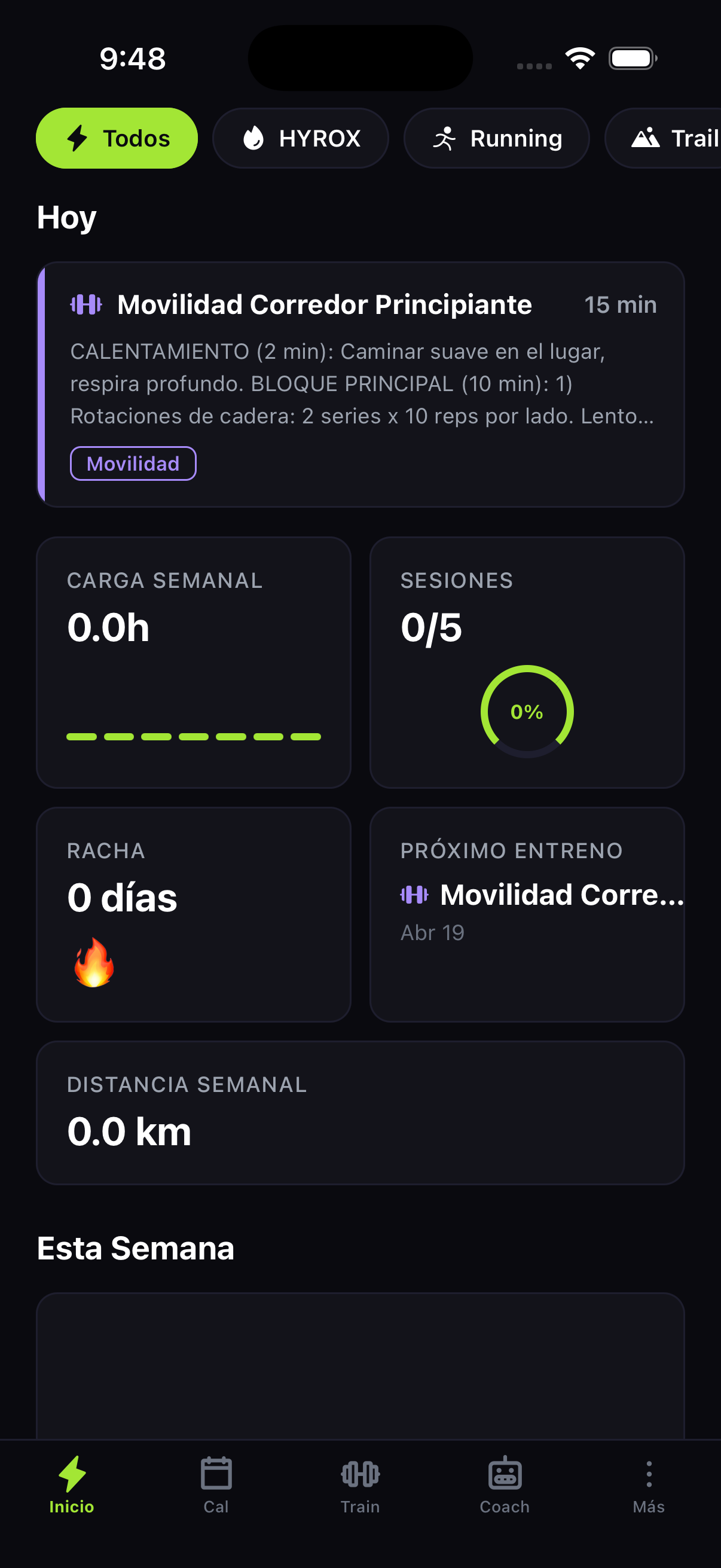 HybrdAI Coach app — solicitando un programa de entrenamiento